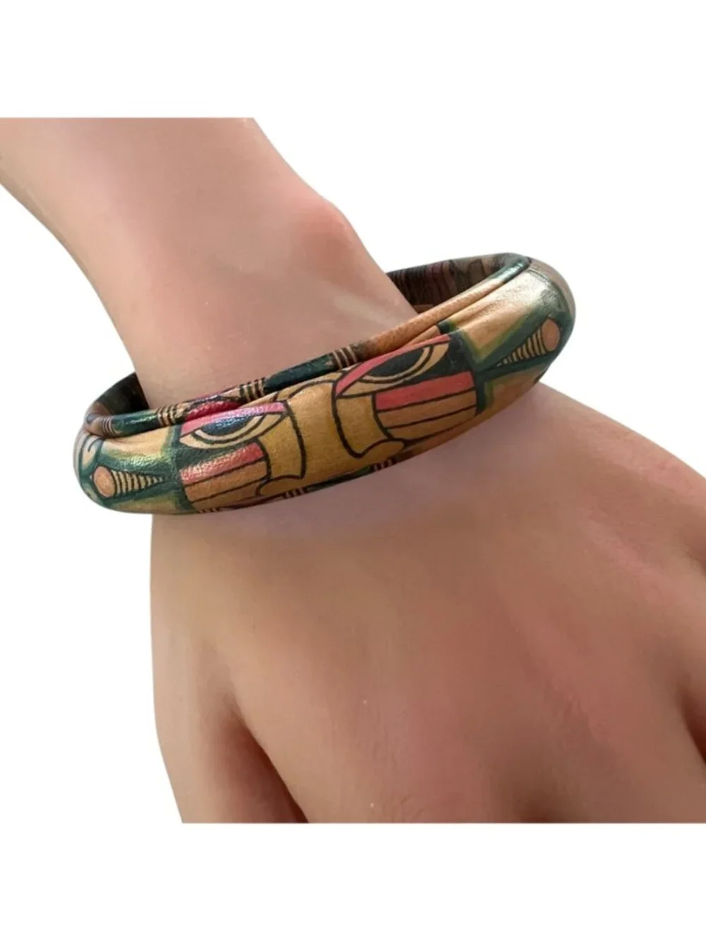 Handmade Leather Bangle, Indonesian Folk Art Bracelet, Tribal Indigenous Motif